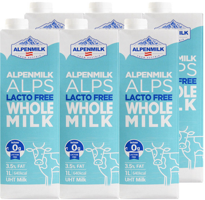 오스트리아 알펜밀크 소화가 잘되는 락토프리 3.5% 멸균우유, 6개, 1L