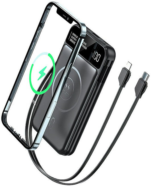 RUN 기술 삼성 아이폰 안드로이드 호환 고속 대용량 보조배터리 20000mAh 10000mAh 무선 충전 유선 포함 가벼운 미니 사이즈, 블랙