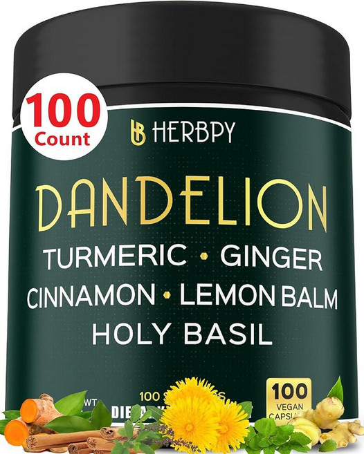 Herbpy 소화 심장 건강 및 면역을 위한 민들레 뿌리 보충제 7500mg 6in1 - 생강 강황 커큐민 실론 시나몬 레몬 밤 및 홀리 바질과 혼합 - 민들레 캡슐 1, 100정, 1개