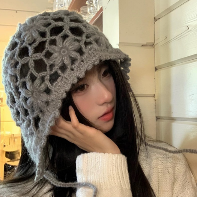 HALOPICK 여성 보송 플라워 크로쉐 바라클라바 뒤건 보넷 모자