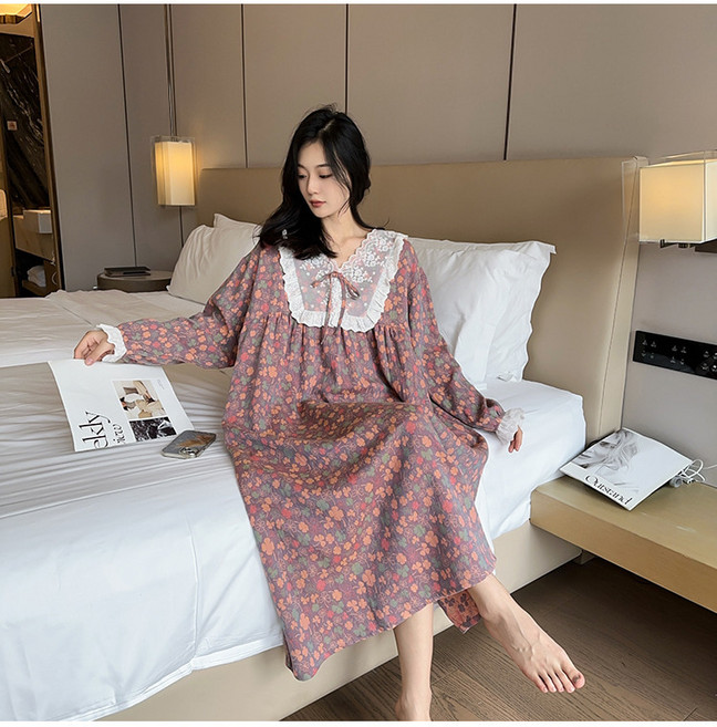 66-120 빅사이즈 여성 레이스 플라워 롱 원피스 잠옷
