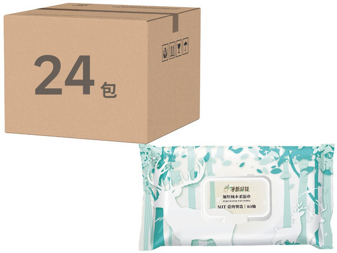 淨新科技 加厚柔濕巾 純水濕紙巾 有蓋款, 24包, 80張, 3g