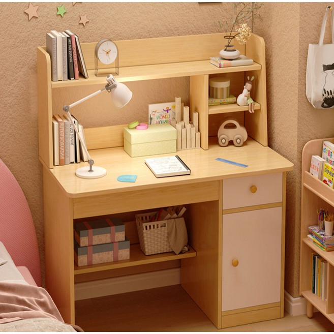 Tixpra 책상 책꽂이 일체형 책상 컴퓨터 책상 학생 데스크, 원목색