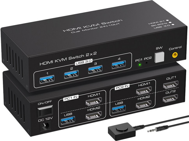 Navceker HDMI 호환 KVM 스위치 8K 60Hz 2 포트 듀얼 2 모니터 2 컴퓨터 4K 120Hz USB 3.0 KVM 스위치 HDMI 2.1, ZY-ASW221, 1개