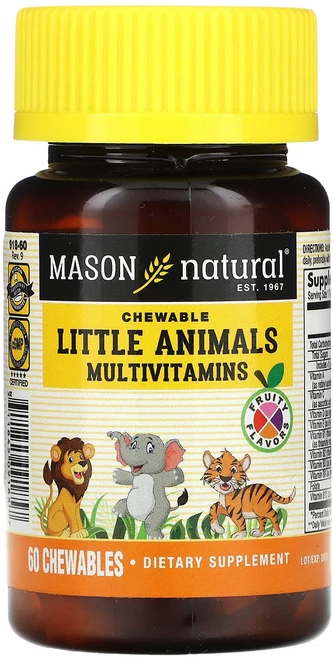 Mason Natural Little Animals 종합비타민 프루티 츄어블 60정, MasonNaturalLittleAnimals종, 1개 - 쿠팡