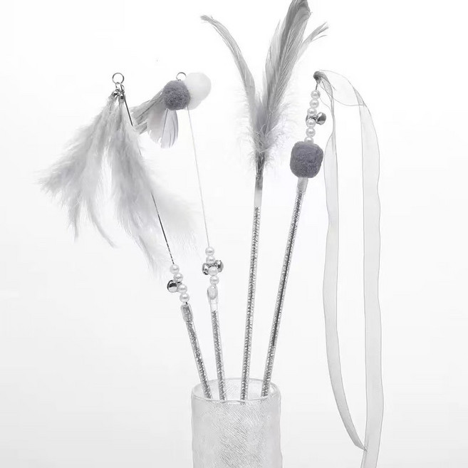 깃털 장식 솜방울 고양이 낚싯대 장난감 5종 세트, 1세트, 그레이