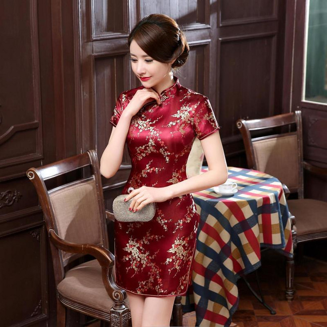 水水女人國 紫紅色梅花圖案綢緞改良旗袍洋裝, 紫紅色