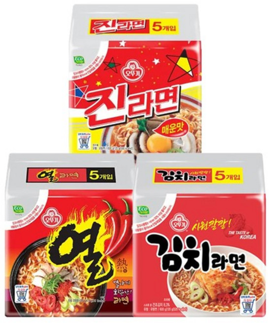 진라면 매운맛 5입 + 열라면 5입 + 김치라면 5입, 없음