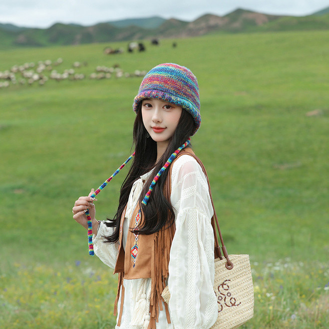 秋冬彩虹毛線帽 保暖針織帽 韓版撞色