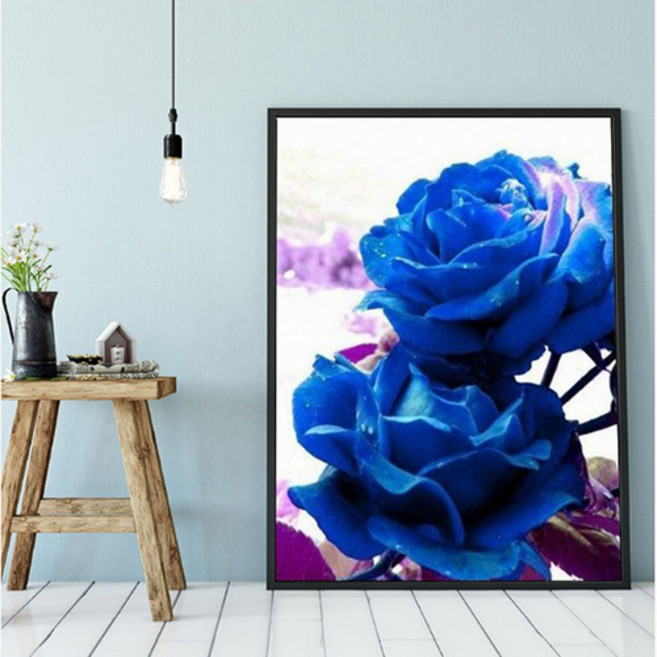 푸아이 실십자수 블루 장미 프린트 도안 패키지 9/11CT 5D 자수세트 면실 실크실, 친환경 면사 62x84cm 3가닥34색, 1개