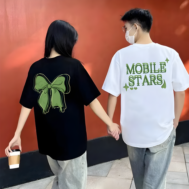 1+1 남성 여성 그린 프린트 오버핏 커플반팔 라운드티 빅사이즈 여름