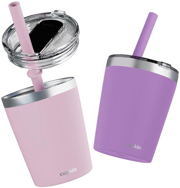 CUPKIN 아동용 컵 - 오리지널 226.8g(8온스) 쌓을 수 있는 스테인리스 스틸 아동용 컵 - 파우더 코팅 단열 빨대 컵 2개 세트 1세 이상 유아용 + BPA 프리 뚜, 8 Fl Oz (Pack of 2), Pink + Purple