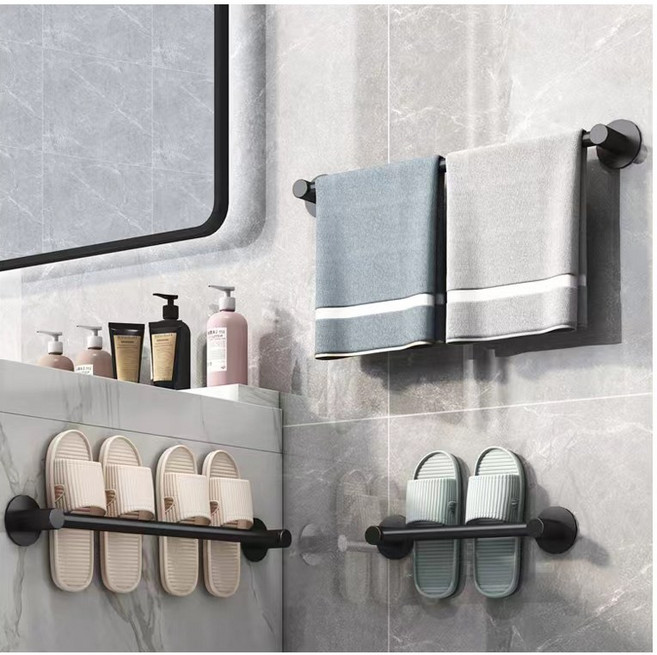 [재고정리]에스위두 무타공 욕실화 걸이 실내화 거치대 수건 걸이 다용도 거치대, A타입  원형 블랙, 50CM, 1개