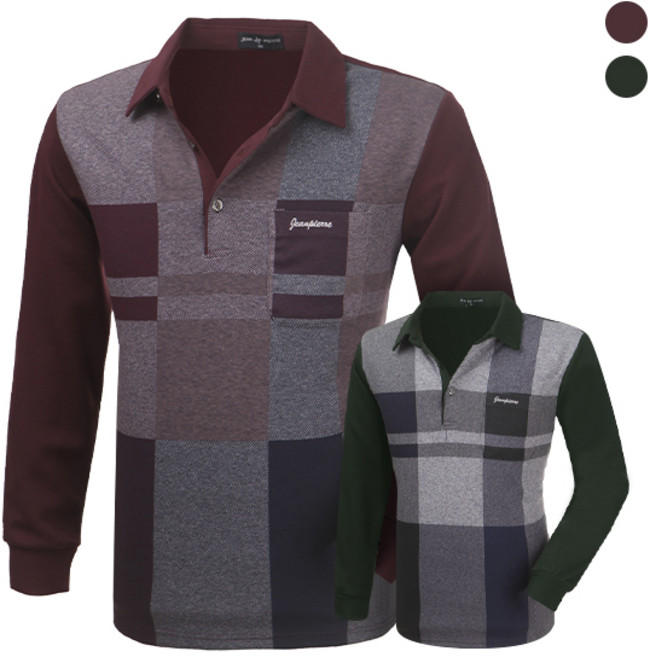 제로다몰 쟌피엘 남성용 골프웨어 중년 골프복 체크무늬 카라티 신축성 가을 겨울 편안한 필드룩 단추카라티 데일리 체크겨울 카라 긴팔 티셔츠