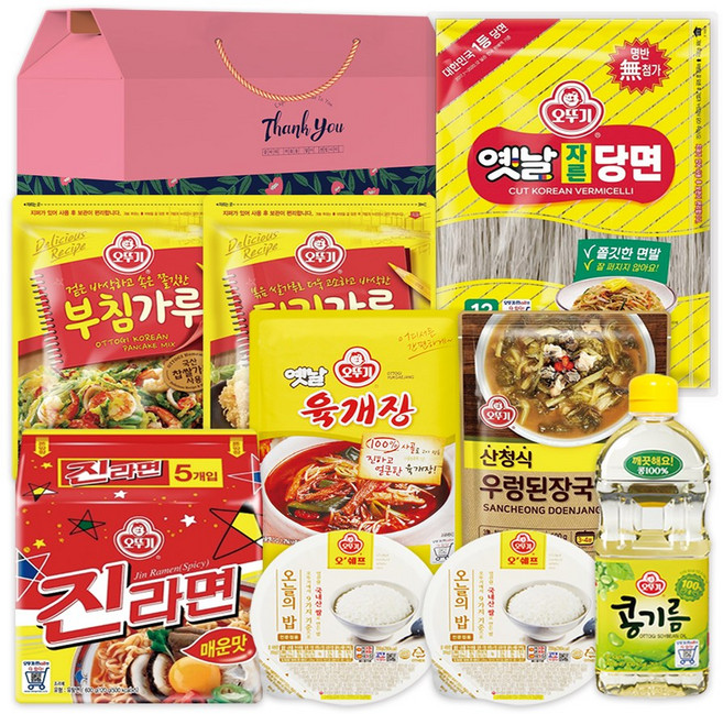 오뚜기 즉석식품 선물세트 13호 분홍상자 (라면 + 즉석밥 + 부침가루 + 튀김가루 + 육개장 + 우렁된장국 + 콩기름 + 당면), 120g, 1개