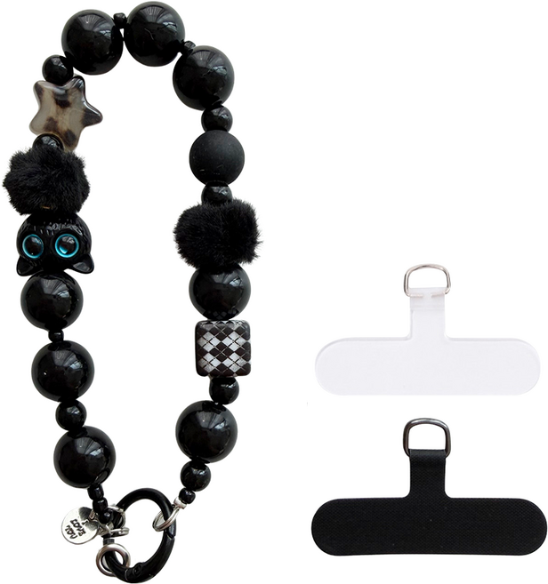 핸드폰 스트랩 냥이 구슬 폰스트랩, 1개, 블랙