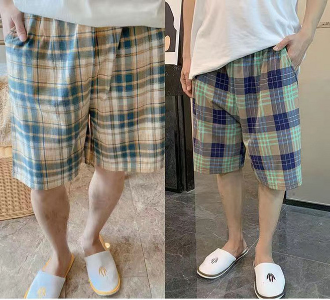 1+1 남성 잠옷 반바지 여름 루즈핏 체크 파자마 5부 바지 얇은 오버핏 비치 팬츠 홈웨어 빅사이즈 남성용 편안한 홈웨어
