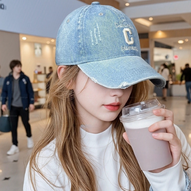 SUNALIFE C자수 청모자 데님 볼캡 빈티지 모자 남녀공용 야구 캡모자 4color