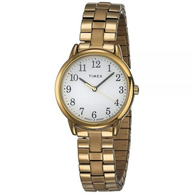 Timex Easy Reader 중간 사이즈 확장 밴드 시계 골드/화이트. 클래식
