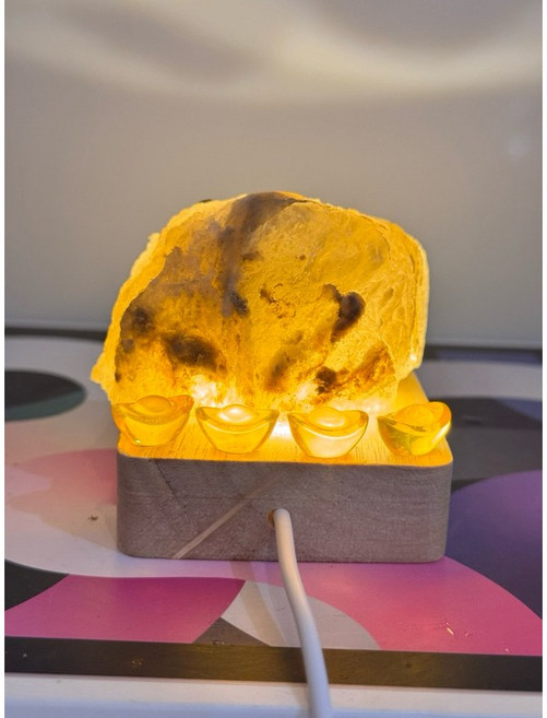 喜馬拉雅山鹽燈 LED燈飾, 水墨灰鹽燈搭方型暖光（送小元寶5顆）
