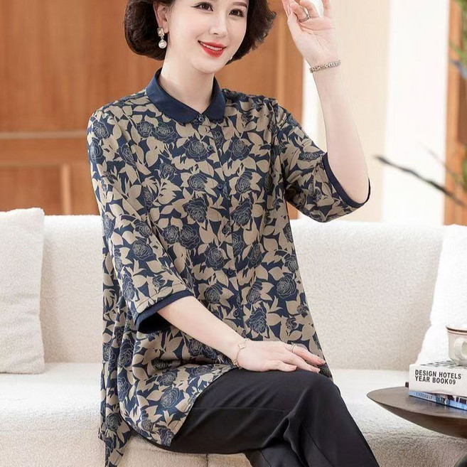 ORZQU 여름 여성 빅사이즈 칠부소매 카디건 카라 싱글 중년 여성 엄마옷 플라워 셔츠 루즈핏