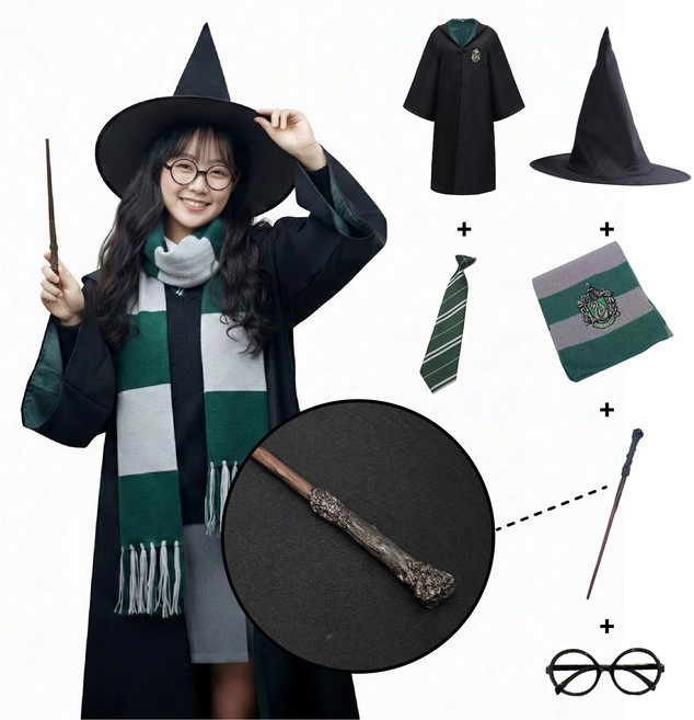 [청춘교복] 고급형 해리포터 지팡이 6종세트 로브+머플러+자동무지타이+안경+지팡이+모자 코스프레 할로윈 마법사 졸사 졸업사진
