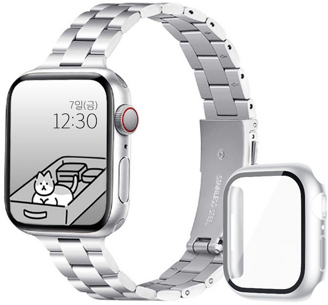아이비온 애플워치 슬림 메탈 스트랩 40 44 + 풀커버 케이스 세트, 퓨어실버