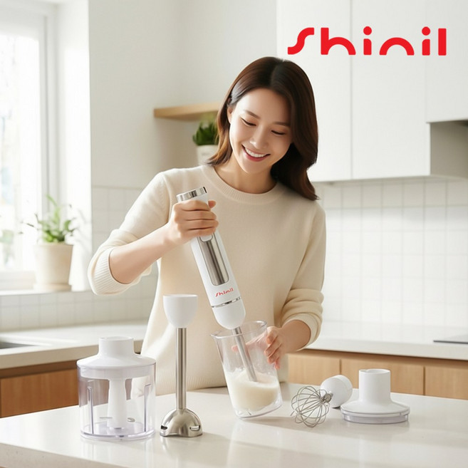 신일 4IN1 핸드 블렌더 믹서 다지기 거품기 이유식 초퍼, 화이트SMX_FR600HBDW