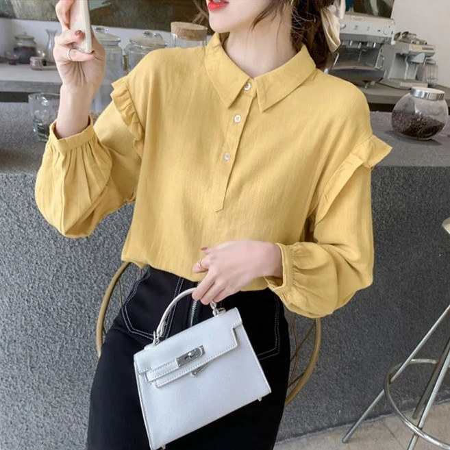 MAKABORO 여성 긴팔 셔츠 벌룬소매 루즈핏 카라넥 프릴 무지 캐주얼 남방