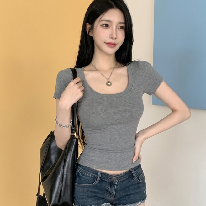 MHJINA 모찌 쫀쫀 글램 슬림핏 U넥 크롭 반팔 티셔츠 스판 레이온 반팔티