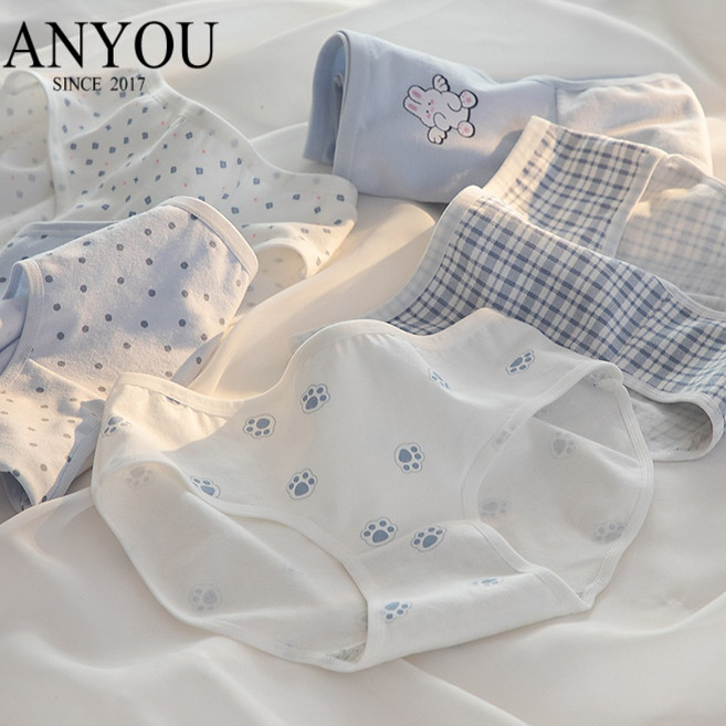 귀여운 팬티 여자 통기 순면 가랑이 여자 삼각바지 중허리 학생 5종 세트