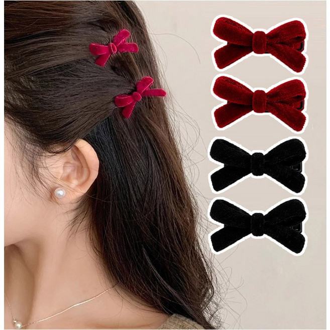 블링모어 벨벳 미니 리본 블랙 레드 파티 포인트 헤어 집게핀 세트