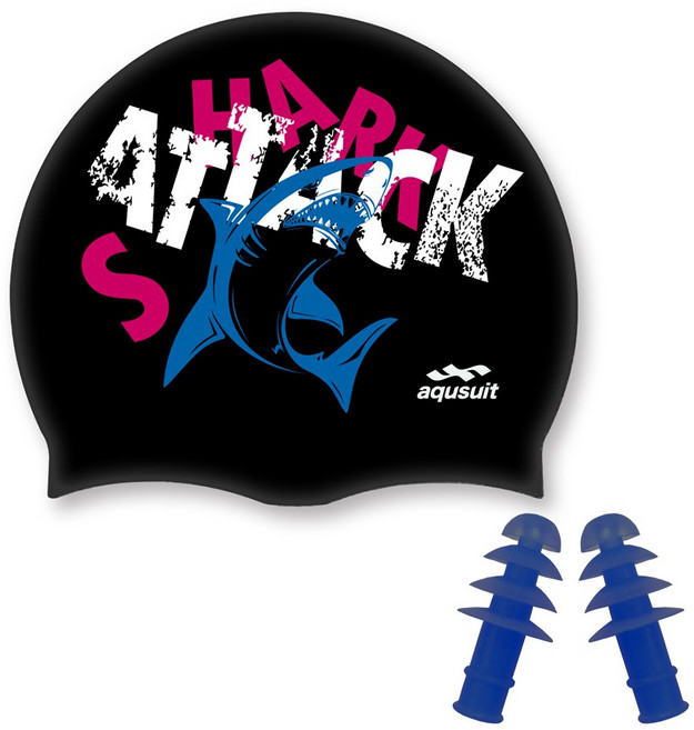 아퀴스트 실리콘 샤크어택 수영모자&귀마개 세트, 블랙(귀마개랜덤), 1개