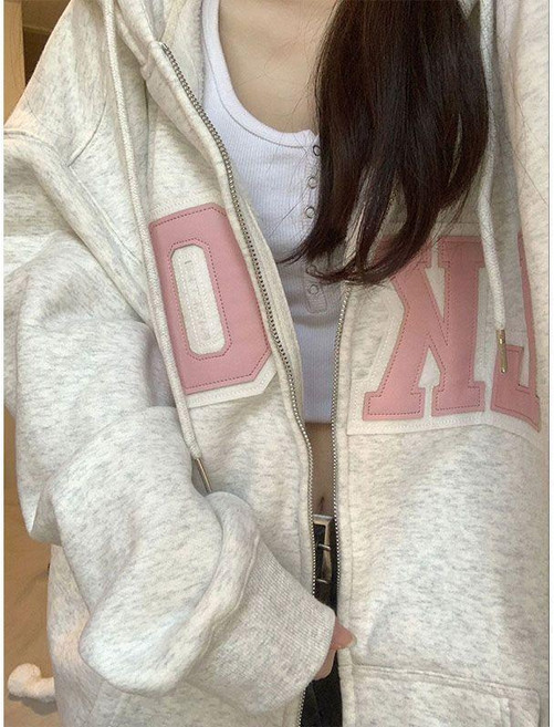 休閒美式復古燕麥灰連帽衛衣女秋冬加絨加厚拉鍊外套