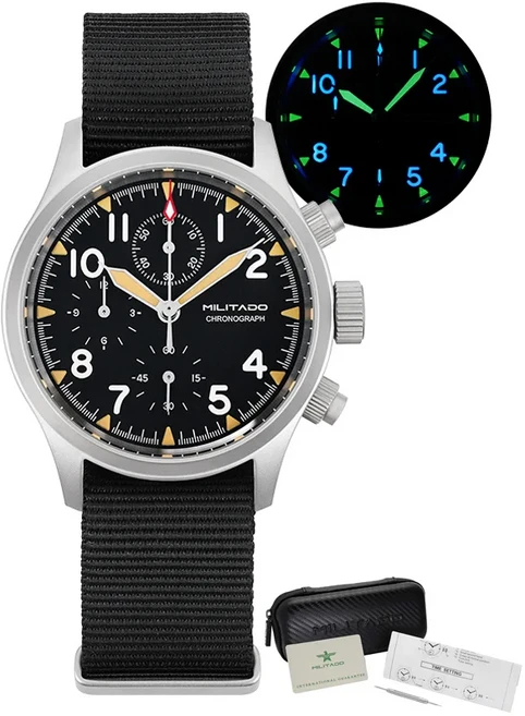 밀리타도 ML1868KF 3 다이얼 크로노그래프 스포츠 시계 VK67 스윕 쿼츠 사파이어 글래스 방수 BGW9 39mm 빈, 01 BK Nylon No Date