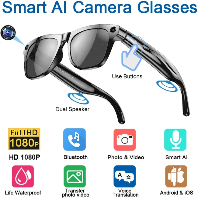 원플러스 1080P HD AI 스마트 안경 Chat GPT 100MP 카메라 블루투스 통화 260mAh 배터리 음성 어시스턴트, 01 Black