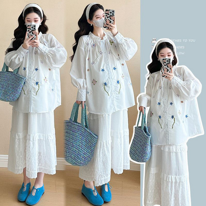 임산부 투피스 치마 세트 봄 가을 꽃자수 긴팔 블라우스 롱스커트 세트 면 소재 데일리 캐주얼 스타일 JS