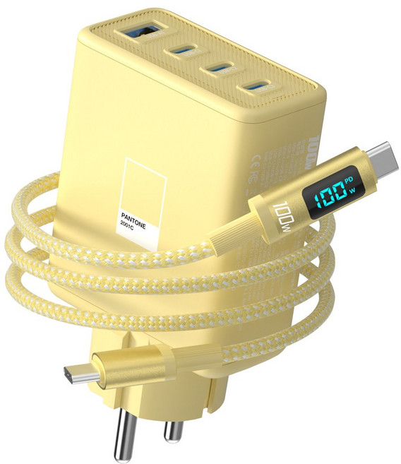 이어맥 100W GaN c타입 접지형 고속충전기 4포트 PPS PD3.0 고속 충전기 갤럭시 S25/S24 iPhone 17/16/15, 1개, 옐로우