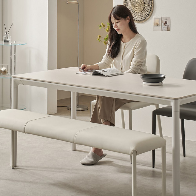 로프트 4인용 테이블 포세린 세라믹 식탁세트 1200 벤치형, 웜화이트, 벤치형(의자2+벤치1), 머드그레이
