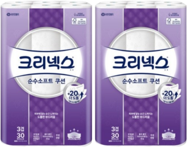 크리넥스 천연펄프 3겹 순수소프트 쿠션 화장지 휴지, 2개, 30롤