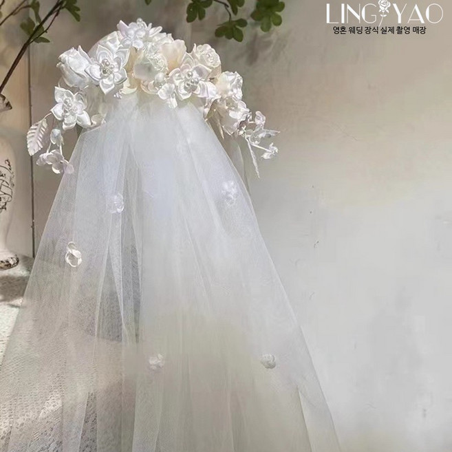 셀프웨딩 레이스 롱베일 명주 소재 신부 면사포 촬영용 헤어장식 웨딩 액세서리
