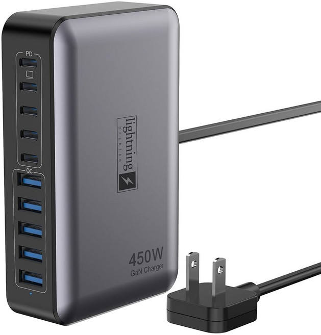USB C 충전 허브 450W 여러 장치용 10포트 스테이션 노트북용 타입 포트 140W 맥스 초고속 GaN 기술 블록 컴팩트 디자인 울트라 슬림 플랫 플러그, White