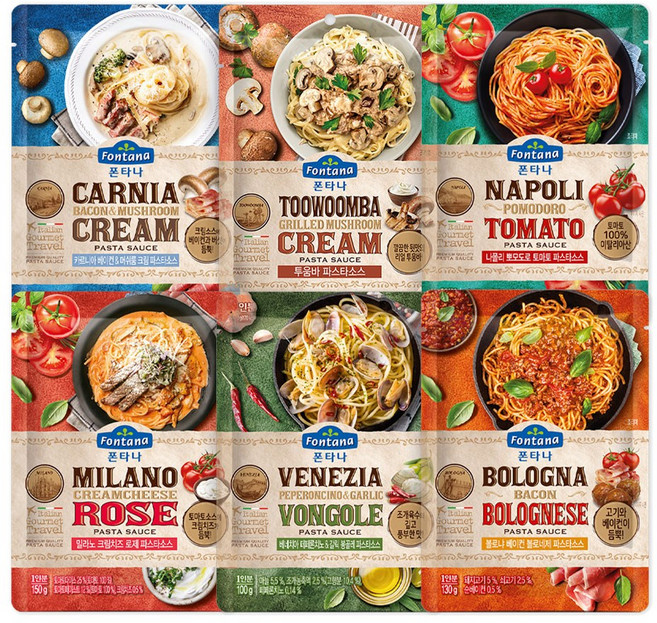 폰타나 크림 파스타소스 파우치 8종 2+2(총4개) 골라담기, 카르니아 베이컨&머쉬룸 크림 130g 2개, 베네치아 페페론치노&갈릭 봉골레 100g 2개, 100g