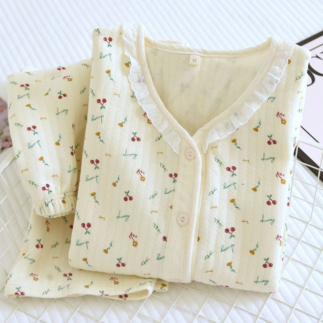 순면 브이넥 체리 레이스 기모 누빔 잠옷 세트