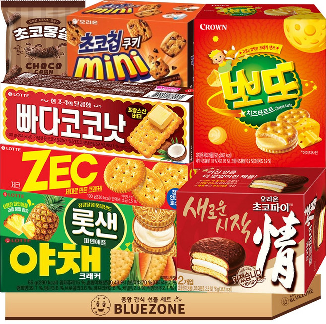 [블루존] 롯데 오리온 곽과자 세트 빠다코코낫 롯데샌드 야채크래커 제크 초코파이 초코칩쿠키 미니 뽀또 초코몽실, 1박스, 혼합