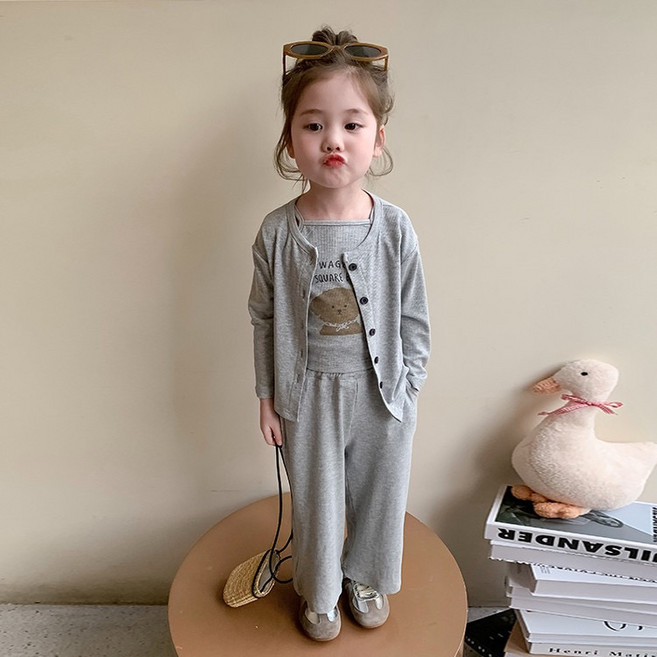 하와즈 포슬강아지 프린트 끈나시 가디건 팬츠 상하 3종 세트