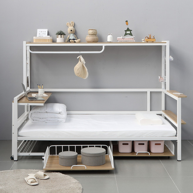 랙플러스 철제 침대 프레임 슈퍼싱글 SS 다기능 수납 책상 옵션, 블랙