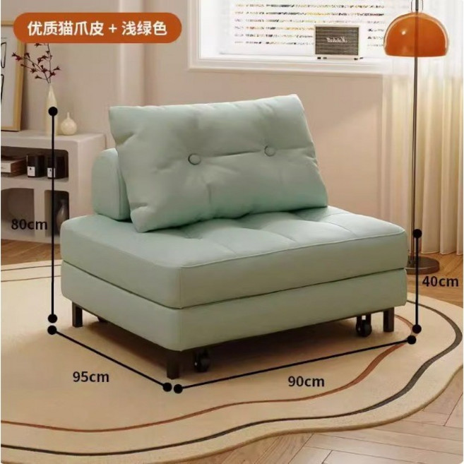 日式奶油單人沙發床 小戶型伸縮折疊設計 榻榻米公寓出租房 泡芙方塊造型 多功能收納空間, 【海綿款】淺綠色90cm,122*70/90/120*41