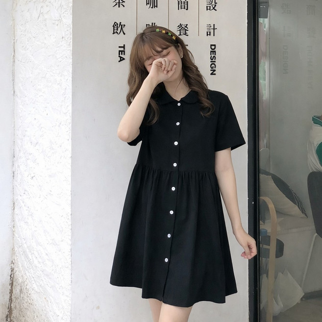 【梨卡】隔日到貨 女裝 洋裝 短裙 連身裙 翻領寬鬆 短袖連身裙 夏季短裙 HZ061, 短款 如圖色