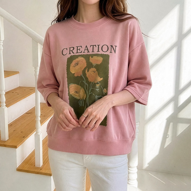 데일리앤 플라레 여성 코튼 쭈리 7부 반팔 티셔츠 레터링 플라워 프린팅 맨투맨 티 봄 여름